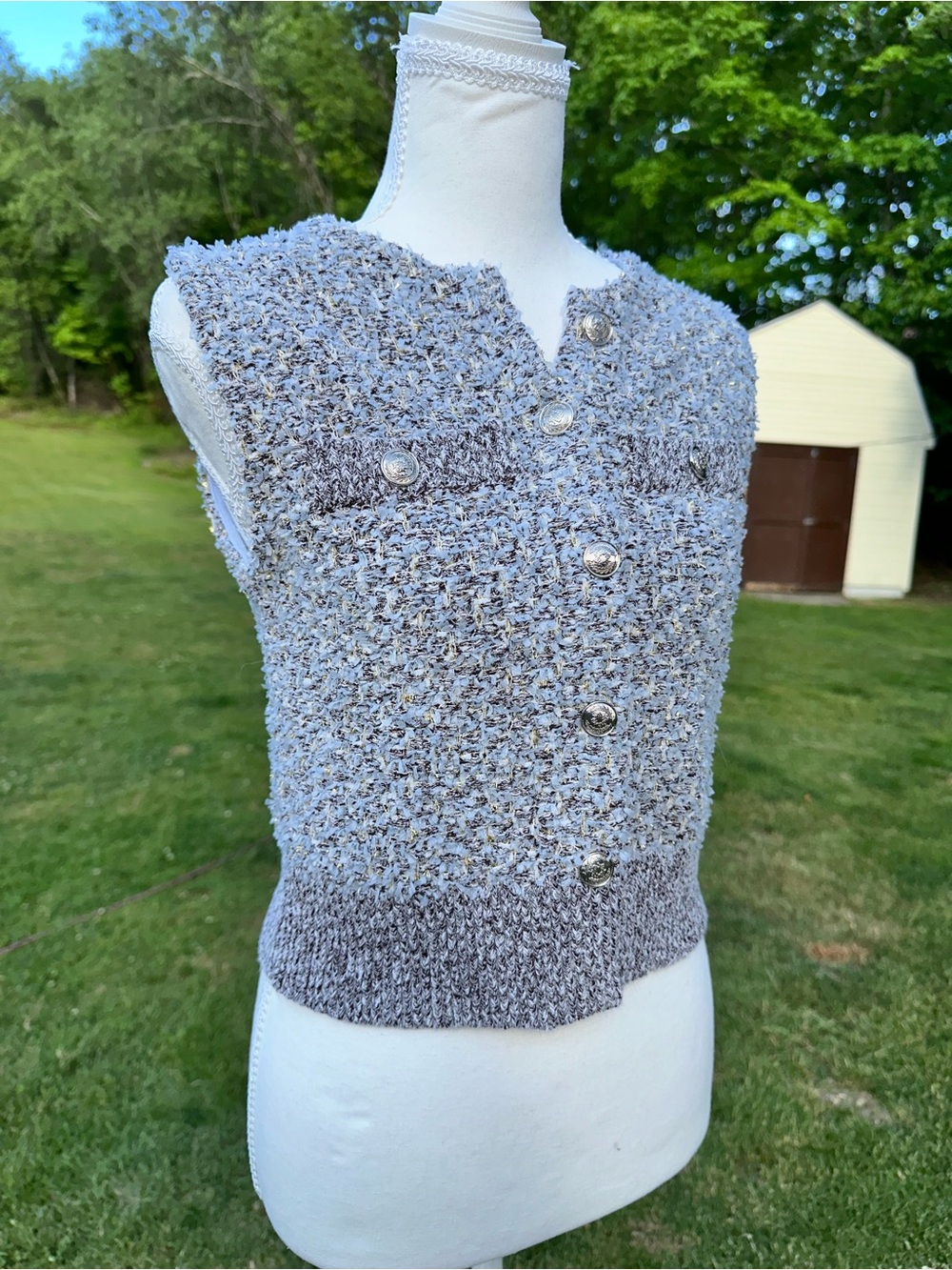 White House Black Market Light Blue Bouclé Knit Vest with Gold Accents